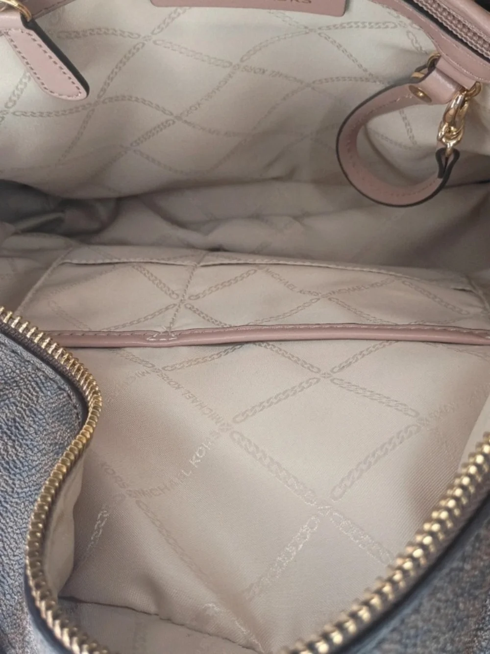 Michael Kors Rhea Zip Stripe Medium Backpack Pink & Brown Monogram